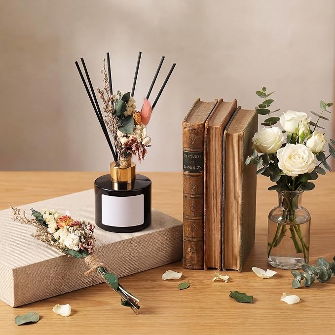 Rtteri 2 Reed Diffuser Sets Flower Oil Diffuser Sticks with Refill Empty 5oz Bottles Scent Glass for Fragrance Home Bathroom Gifts, Oil Not Included(Black Color)
