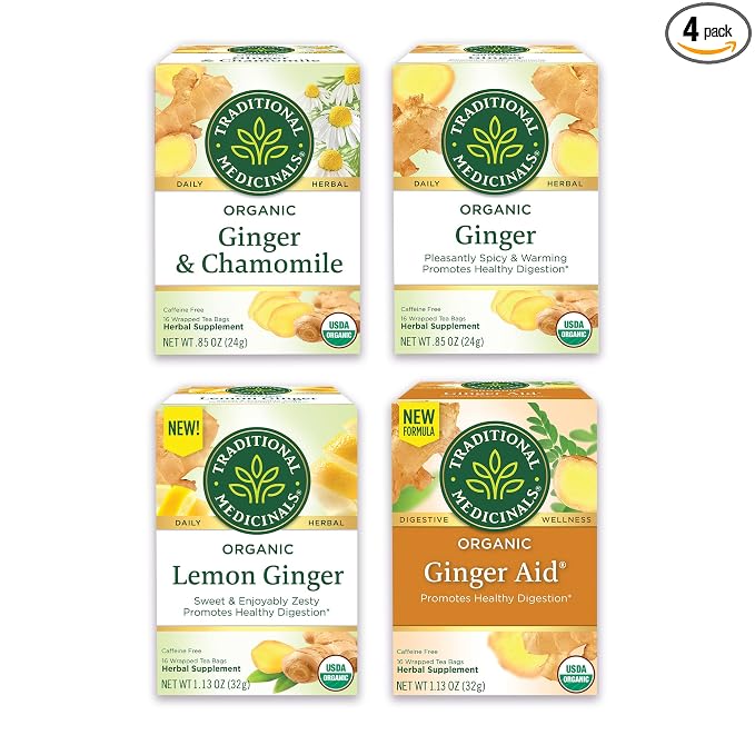 Traditional Medicinals Organic Ginger Tea Variety Pack Promoting Digestion & Nausea Support, 64 Tea Bags (4 Pack)