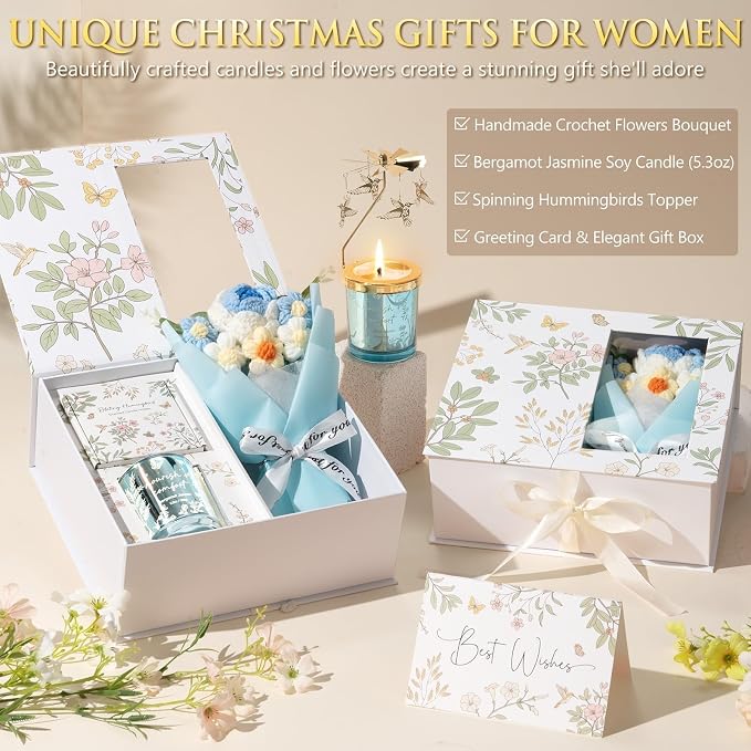 Mothers Day Gifts for Women Mom Friend Sister, Unique Birthday Gifts for Women Girlfriend Wife Daughter, Christmas Candles Hummingbird Rotating Scented Candles Set for Woman w/Crochet Flower Bouquet