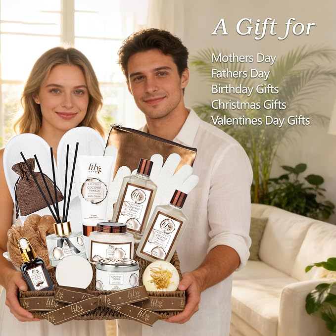 Coconut Vanilla Spa Gift Set, Complete Spa Bath Gift Basket for Women & Men