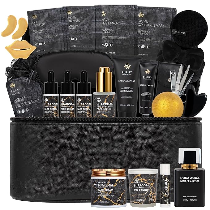 Gifts for Women & Men, 33pcs Fathers Day Gifts, Bath Gifts Baskets Set | Charcoal Hydrating Skin Care Gift Set, Home Spa Gifts Basket Set, Leather Bag, Anniversary, Birthday, Wife, Dad