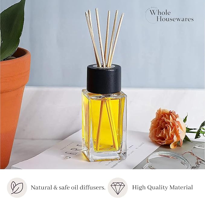 WHOLE HOUSEWARES Natural Diffuser Reeds Bottles Sticks | Clear Glass Home Décor for Kitchen and Living Room | Black Wood Caps | Décorative Fragrance Set with Long Lasting Aroma - Set of 4