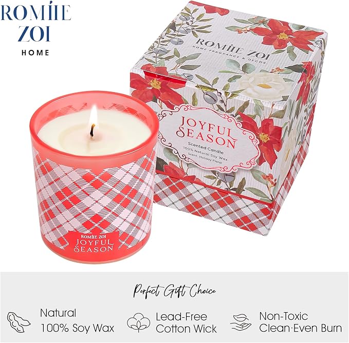 ROMIIE ZOI Christmas Scented Jar Candle - 6oz Soy Wax Candle - Joyful Season Infused with Holiday Floral Aroma - with Beautiful Keepsake Box Special for Christmas/Holiday Gifts