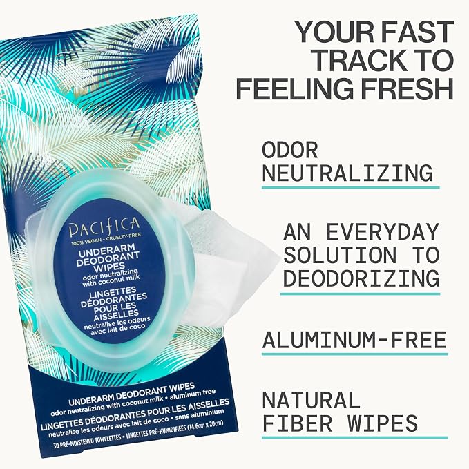 Pacifica Beauty Coconut Milk & Essential Oils Underarm Deodorant Wipes, Helps Remove Odor, Aluminum-Free, Vegan & Cruelty-Free, 30 Wipes (4-Pack)