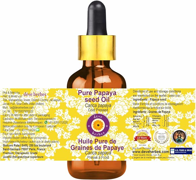 Deve Herbes Papaya Seed Oil (Carica Papaya) with Glass Dropper | Cold Pressed | Pure | Natural | for Diluting Essential Oils | for Skin & Massage | Non-Sticky| Lightweight| Unisex | 50ml (1.69 oz)