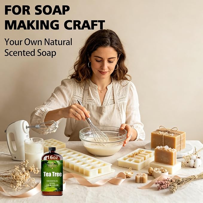 Tea Tree Essential Oil, Tea Tree Oil 16 Fl Oz 480ml for Diffuser Yoga Soap & Candle Making – with 0.33 Oz Roller Ball & Funnel YHSESSE Essential Oils