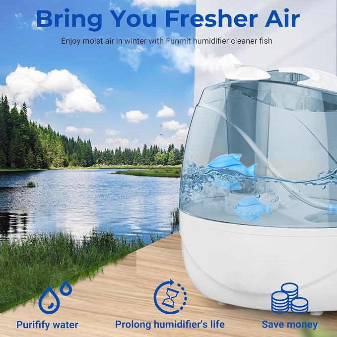 Funmit Humidifier Cleaning Fish, 6 Pack Humidifier Cleaner for Humidifiers and Fish Tanks, Purifies Water, Prevents Hard Water Build-Up, Reduces Scale, Blue