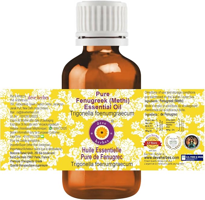 Deve Herbes Pure Fenugreek (Methi) Essential Oil (Trigonella foenumgraecum) Steam Distilled 100ml (3.38 oz)
