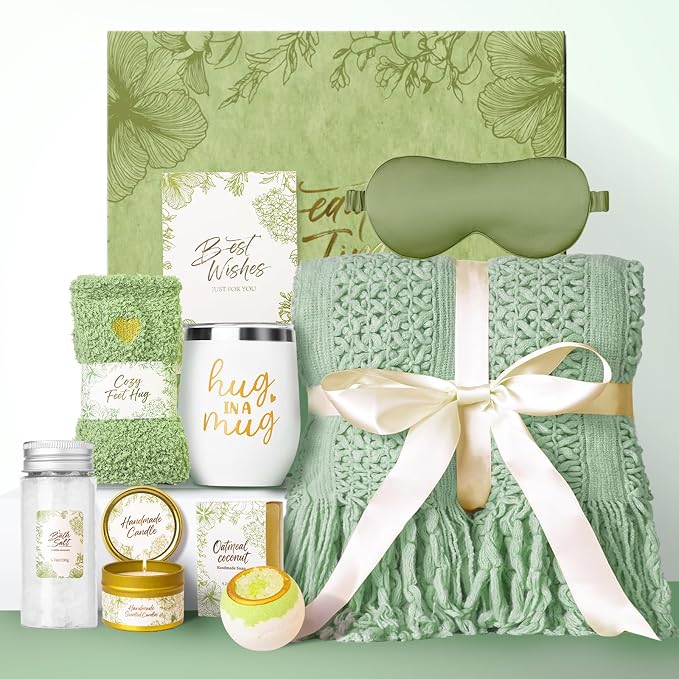 Gift Basket for Women, Self Care Set with Knitted Throw - Care Pkg - Green | for Women Mom Her Friend Sister Wife Grandma Fringe Blanket, Spa Bath Bombs Candle Soap Sea Salt, Birthday Get Well