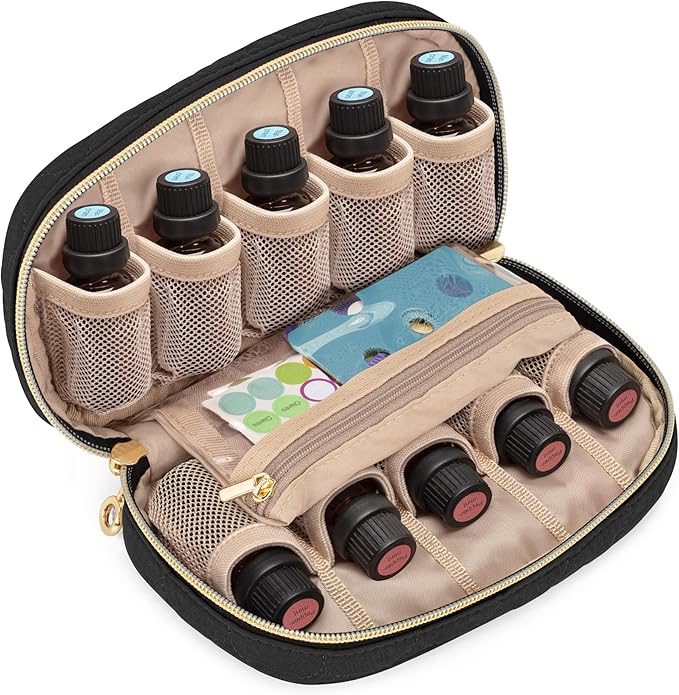 LUXJA Essential Oil Organizer -Holds 10 Bottles (5ml-15ml, Also Fits Roller Bottles), Travel Case for Essential Oils with Zipper Pockets (Bag Only), Black