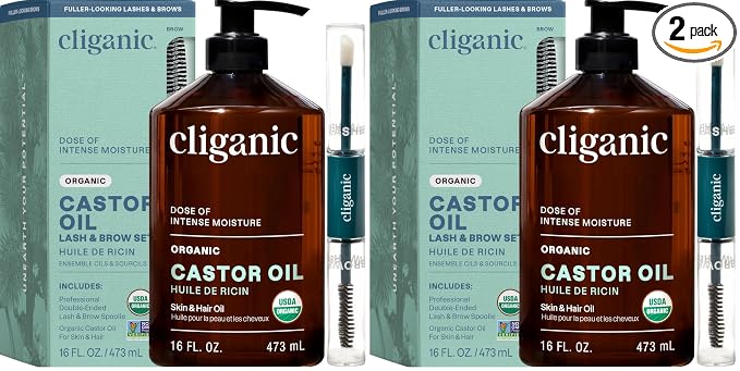 Cliganic Organic Castor Oil, 100% Pure (16oz with Eyelash Kit) - For Eyelashes, Eyebrows, Hair & Skin | Bulk, Natural Cold Pressed Unrefined Hexane-Free | DIY Carrier Oil (Pack of 2)