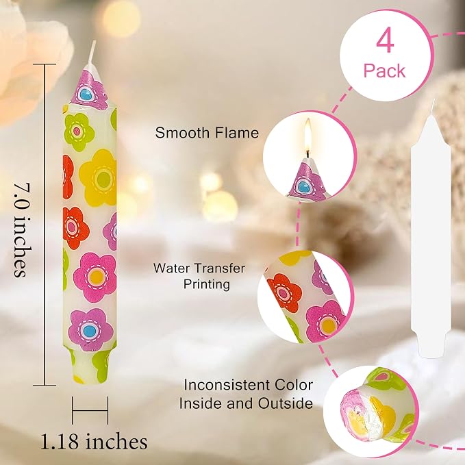 7 inch Short Candle Floral Candle Sticks Printed Candlestick Handmade Unscented Taper Candle 4 Pack Colorful Flower Tapered Candles for Home Dinner Wedding Holiday