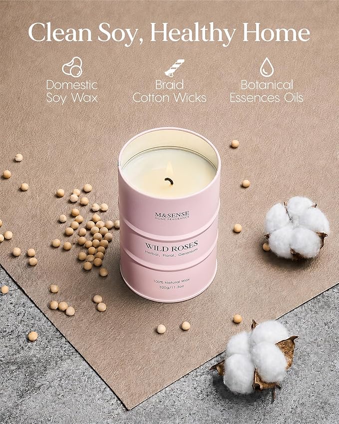 M&SENSE Wild Rose Natural Scented Candle, 70 Hours Long Lasting Soy Candles 11.3oz, Stress Relief Aromatherapy Candles for Women, Romantic Candle Gifts Valentines Day Gifts