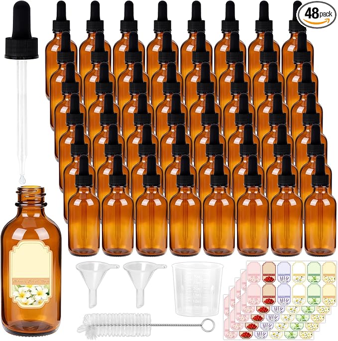 STAERSIDE 48-Pack 2 oz Amber Glass Dropper Bottles, Leakproof & Durable for Essential Oils & Craft Use, Complete Kit with Funnel, Brush, Labels, Extra Droppers & Measuring Cup