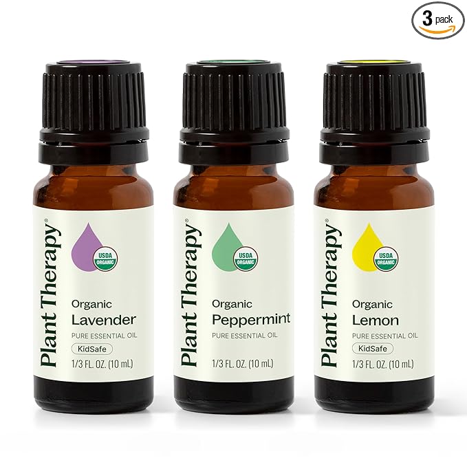 Plant Therapy Top 3 Organic Essential Oil Singles Set 10 mL (1/3 oz) Lemon, Lavender & Peppermint 100% Pure Essential Oils, Undiluted, Natural Aromatherapy for Diffusion and Body Care