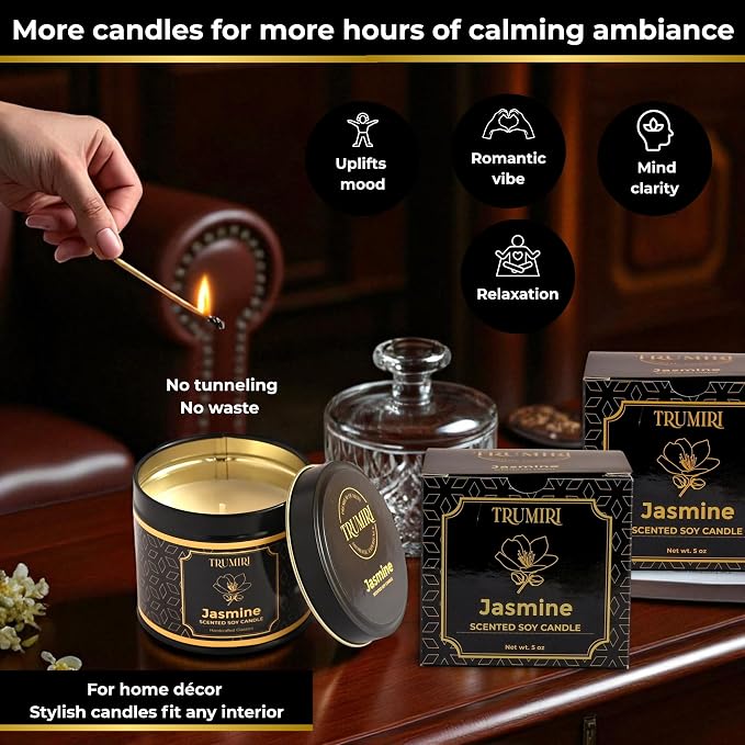 Jasmine Candle Strong Scented Soy Candel Clean Non Toxic Velas Aromáticas for Women Gift for Diwali Pack of 3 5Oz Decorative Tin Jars with Lids