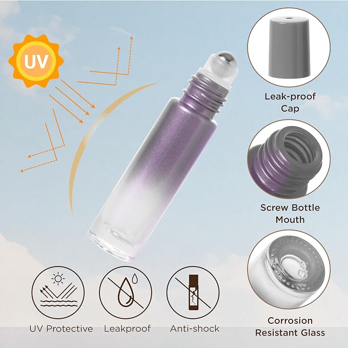 SESENSE Essential Oil Roller Bottles, 10ml Thick Glass Perfume Roller Bottles with Funnel Opener and Dropper Colored Glass Empty Bottles with Stainless Steel Roller Balls (Grey, 12 Pack)