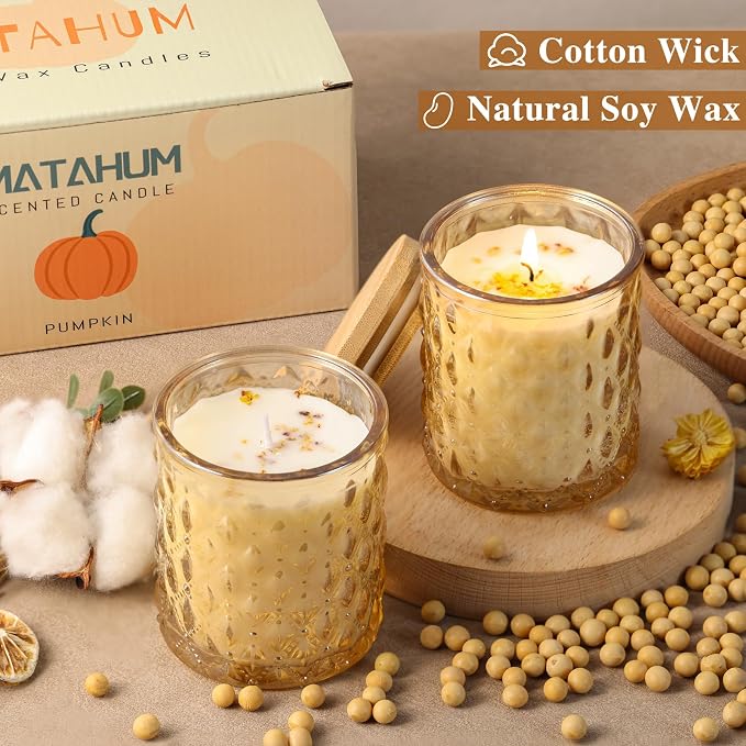 MATAHUM 2 Pack Pumpkin Scented Candles for Home Decor, 6.5oz Natural Soy Wax Fall Candle Aromatherapy Jar Candles, Pumpkin Candle for Fall Decor, Birthday Housewarming Gift