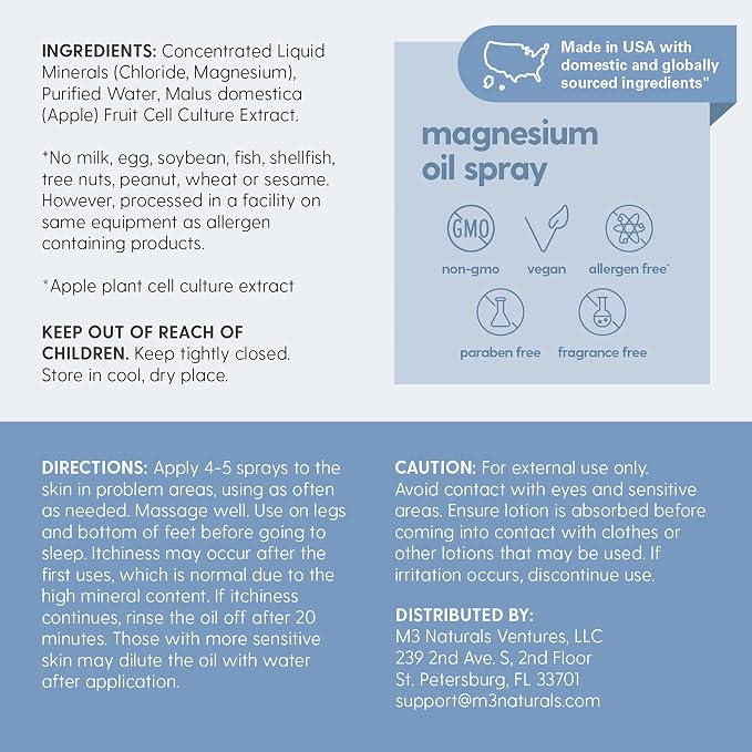 Unscented Magnesium Lotion & Spray for Sleep, Suitable for Sensitive Skin, Helps with Muscle Relaxation, Soothes Tired Legs & Foot Aches and Supports Restful Nights, 8 & 12 fl oz by M3