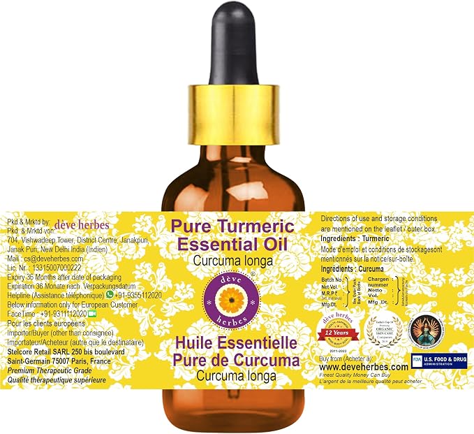 Deve Herbes Pure Turmeric Essential Oil (Curcuma Longa) with Glass Dropper Steam Distilled 10ml (0.33 oz)