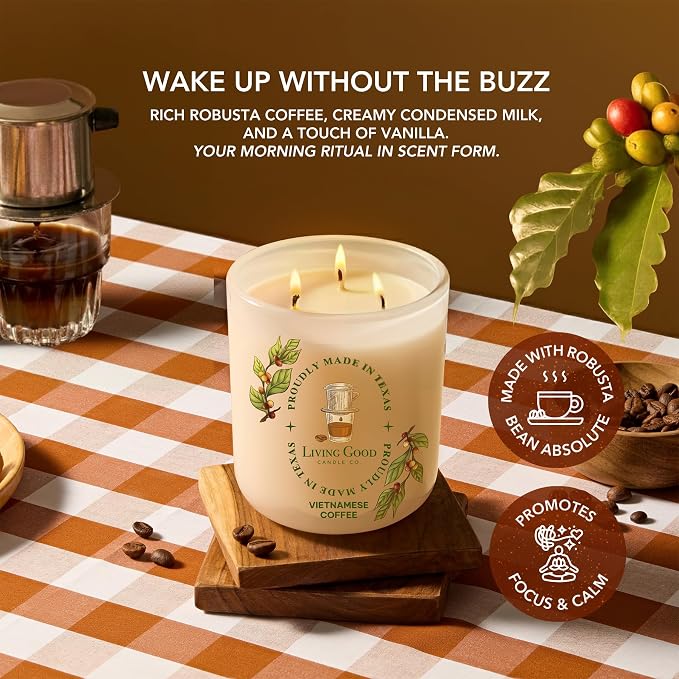 Fresh Robusta Coffee – Pure Beeswax Candle for Men and Women – Non-Toxic Scented Candle for Focus, Clarity & Mood Boosting – 90+ Hour Long Burn – Inspired by Vietnamese Coffee