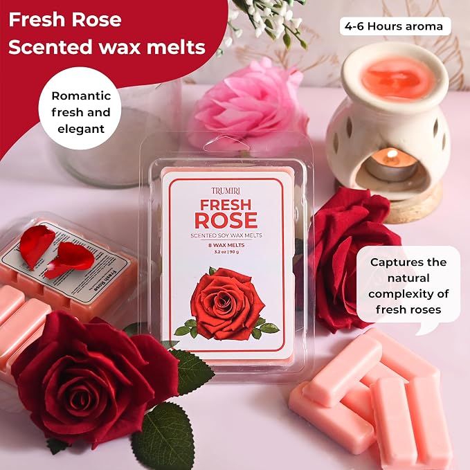 TRUMIRI Fresh Rose Scented Wax Melts - Made with Non Toxic Soy Wax and Essential Oils - Long Lasting Strong Scent Pet Safe Floral Candle Wax Cubes Tarts for Warmers