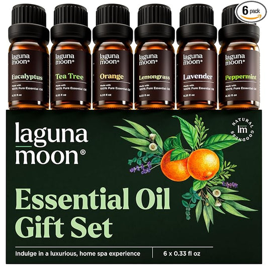 Lagunamoon Essential Oils Aromatherapy Set - 6 Oils for Diffusers, Home Care, Candle Making Scents, Fragrance, Humidifiers, Gifts - Peppermint, Tea Tree, Lavender, Eucalyptus, Orange (10mL)