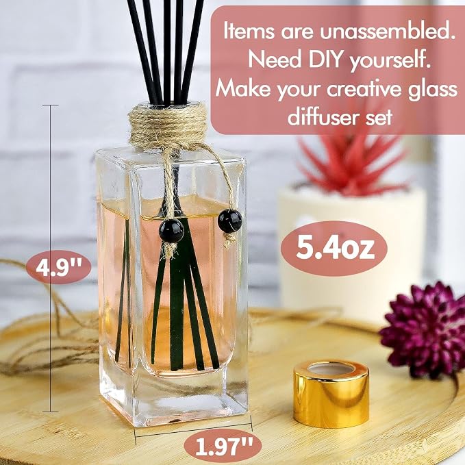 Glass Reed Diffuser Set of 4 - 5oz/155ml Clear Empty Essential Oil Diffuser Bottles with Caps and Reeds - Decorative Bottle Set - Bulk Reusable Apothecary Perfume Jar Gift