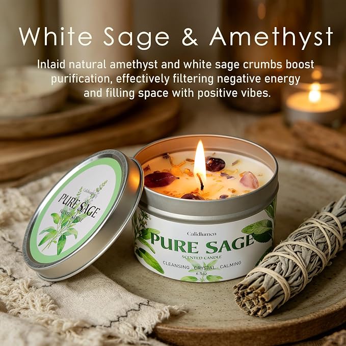 Pure Sage Candle for Cleansing - 4Pc Soy Scented Candle with Crystals & Sage Leaves Inside, House Negative Energy Kit, Spiritual Gift for Women