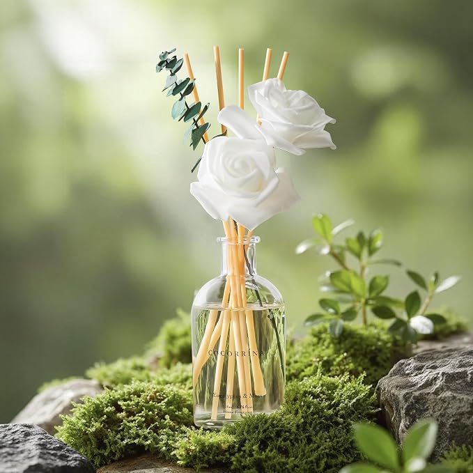 COCORRÍNA Reed Diffuser - Eucalyptus & Moss Scent, 6.76 fl oz Essential Oil with 8 Reed Sticks - Home Fragrance for Bedroom Bathroom Shelf Décor