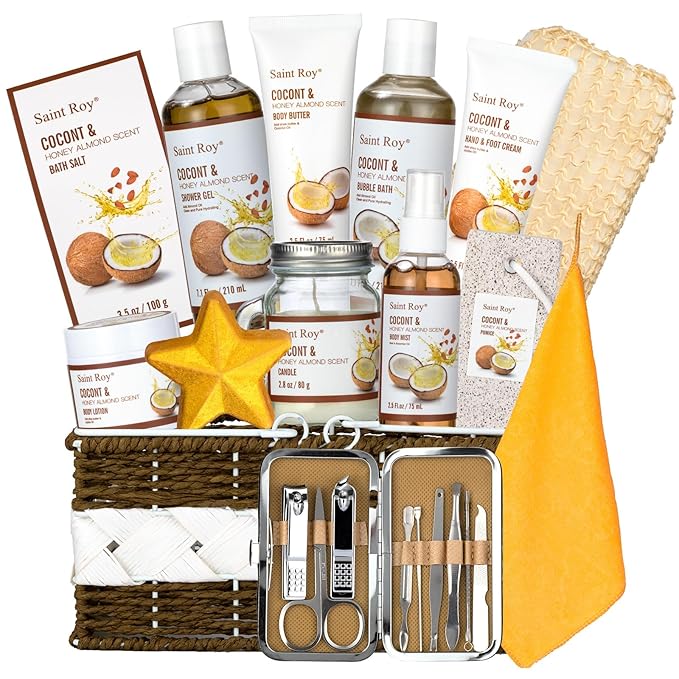 26Pc Bath and Body Gift Basket Set, Coconut Honey Almond Self Care Kit | Spa Gift Basket, Bath Gift Set Skin Care Gift for Fathers Day, Birthday, Christmas, Mother, Bridal Shower, Anniversary