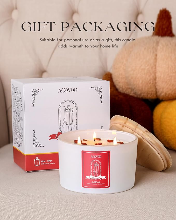 AOOVOO Apple Cinnamon Scented Candles for Women - 20oz 3 Wick Soy Candles for Home Scented, Aromatherapy Candle with Crystals Inside, Birthday Gifts Valentines Day Candle for Women Mom