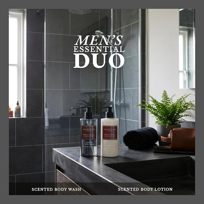 Pecksniffs Mens Bathing Duo Collection – Leather & Oakmoss Scented Body Wash and Body Lotion Gift Set, 2 x 250ml