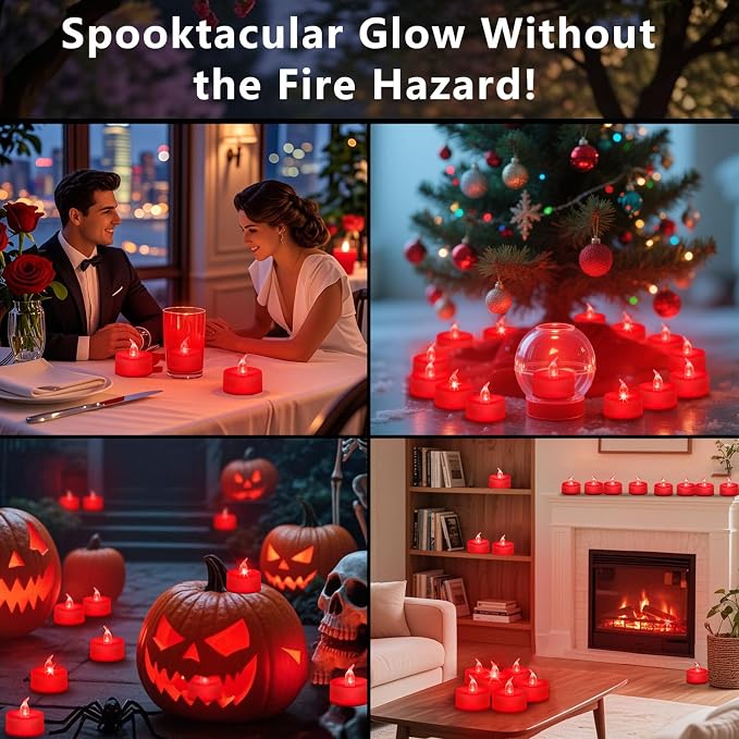 Tea Lights Battery Operated Candles LED Tea Lights Flameless Candles 200+ Hours Flickering Fake Tealights for Sweetest Day Wedding Home Decorations Party (Red Base, 24 Pack)