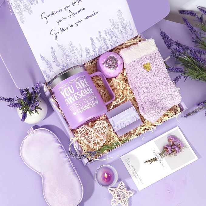 Birthday Gifts for Women Lavender Spa Gift Basket for Women Self Care Relaxing Bath Set Purple Gifts Inspirational Gift for Mom Wife Her Female Sister Teacher Nurse Friends Employee Coworker Spa Gifts