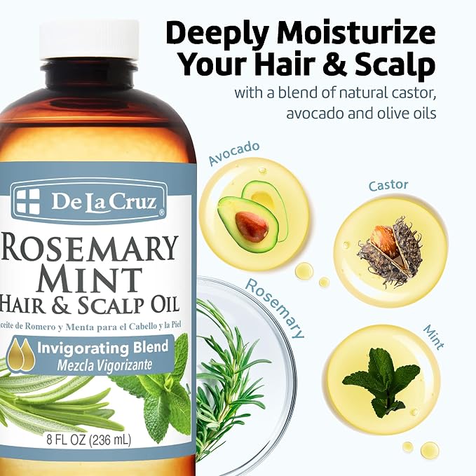 De La Cruz Rosemary Mint Oil Blend for Hair & Scalp - Revitalizing Formula with Castor, Avocado and Olive Oils- Naturally Moisturizing - 8 FL OZ