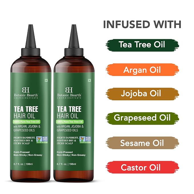 Botanic Hearth 100% Pure Tea Tree Hair Oil For Hair Growth & Hair Treatment Oils 6.7 Fl Oz, 2 Pack|Infused with coconut Oil|Hair Oil Repairs Dry Damaged Hair, Strengthening, Healthier| All Hair Types