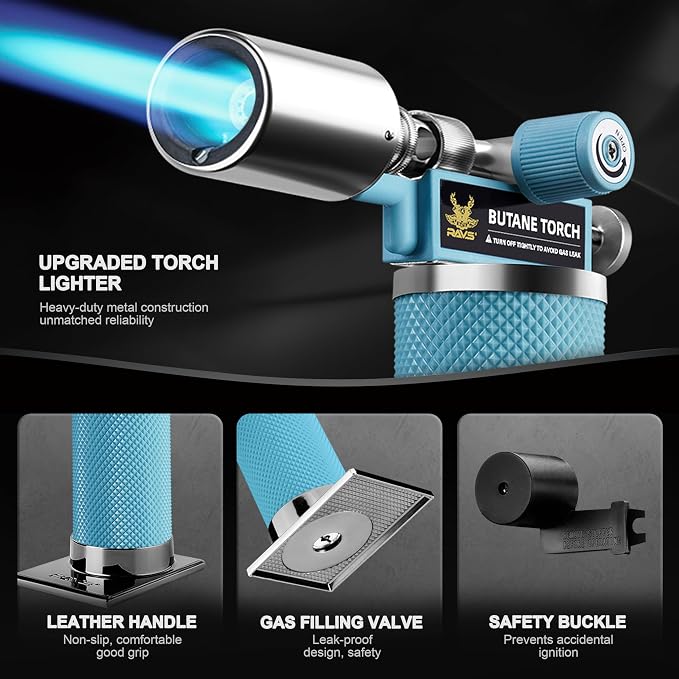 RAVS Butane Torch Lighter, Refillable Kitchen Torch with Adjustable Flame and Safety Buckle, Premium Metal Mini Torch for Baking, Soldering, Resin Art, Blue, Butane Not Included