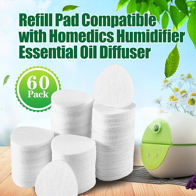 60 Pack White Refill Pads Compatible with Homedics Humidifier Essential Oil Diffuser Replacement Microfiber Triangle Tray Pads