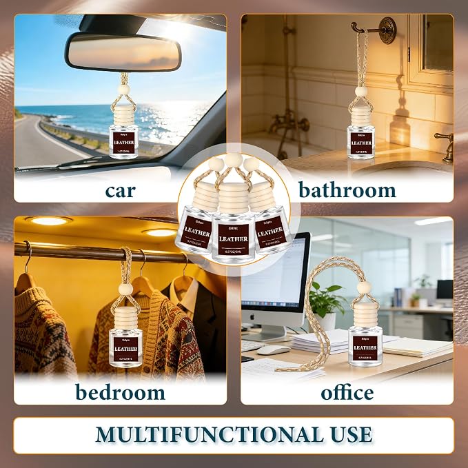 Hanging Car Air Freshener (Pack of 3) : Luxury Car Perfume for Women Men | Cute & Wooden Lid Reusable Bottle with 45+ Days Long-Lasting Scent for Auto Interio, Leather