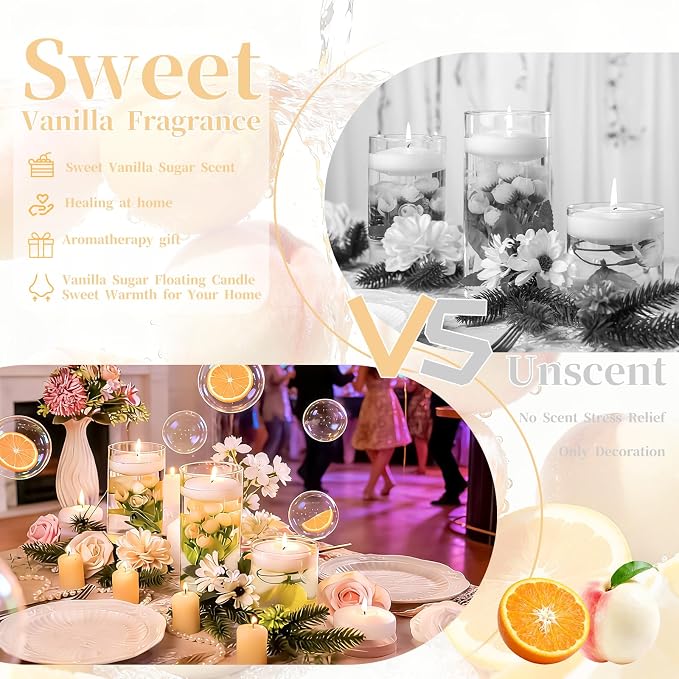 3 Inch Vanilla Sugar Scented Floating Candles,36 Pack White Floating Disc Candles, 8-10 Hour Long Burning for Wedding Centerpieces, Home Spa, Holiday Party & Pool Decor,Outdoor Dinners