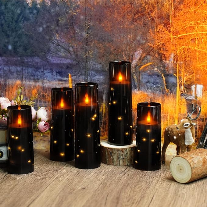 Flameless Candles,with Embedded Star String, Battery Operated Candles Flickering LED Pillar Candles with Remote Control and Timer, Home Decoration Add a Warm and Romantic Atmosphere，Set of 7 (Black)