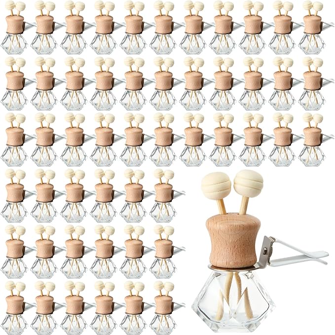 Zubebe 30 Pack 8 ml Diamond Essential Oil Diffuser Bottle Bulk Car Air Freshener Vent Clip Auto Perfume Vent Diffuser for Aromatherapy Fragrance Ornament Decor, Glass Bottle with Wooden Caps Stick