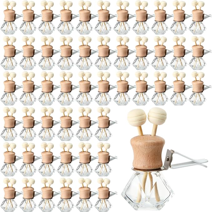 Zubebe 60 Pack 8 ml Diamond Essential Oil Diffuser Bottle Bulk Car Air Freshener Vent Clip Auto Perfume Vent Diffuser for Aromatherapy Fragrance Ornament Decor, Glass Bottle with Wooden Caps Stick