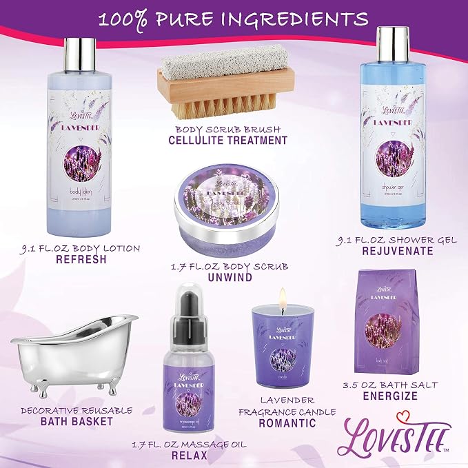 Christmas Gifts, Relaxing Lavender Spa Gift Baskets for Wome Birthday, Bath and Body Set-Kit Includes Candle, Essential Oil, Body Scrub, Bath Salt, Body Lotion, Shower Gel and Body Scrub Brush