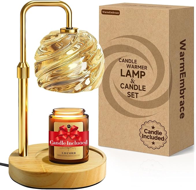 WarmEmbrace Candle Warmer Lamp with Lavender Candle Set, Electric Wax Warmer Lamp with Auto Timer & 4 Dimmable Lights, Adjustable Height for Jar Candles, Elegant Home Decor Gift for Women, Gold