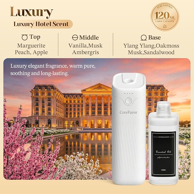 Waterless Essential Oil Diffuser (M60) with 120ml Oil, Rechargeable Portable Battery-Operated Cold Air Aroma Scent, 4 Adjustable Intensity Levels, Quiet Diffuser for Home Bedroom (Luxury)