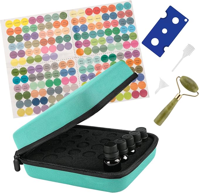 LUEXBOX Essential Oil Storage Case/Essential Oil Carrying Case/Essential Oil Case [Multiple Sizes] + Jade Roller for Face & Oil Opener & Stickers & Funnel & Transfer Pipette (green)