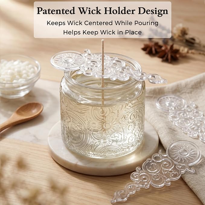 10 oz Clear Sun Moon Stars Candle Jars with Metal Lids, 9 Pack | Patented Embossed Design, Includes Wick Centering Devices & Warning Labels, Multiple Color Options