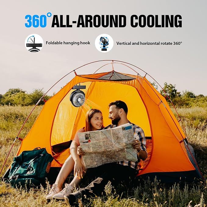 Portable Camping Fan with LED Lantern- 40H Work Time Rechargeable Battery Operated Fan with Hanging Hook for Tent Car RV Hurricane Emergency Outages Survival Kit Cruise Travel Camping Essentials Gear